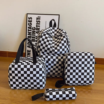 Checkerboard 4pcs Backpack Set Crossbody Handbag Pen Case Stitching Multi Pocket Adjustable Straps