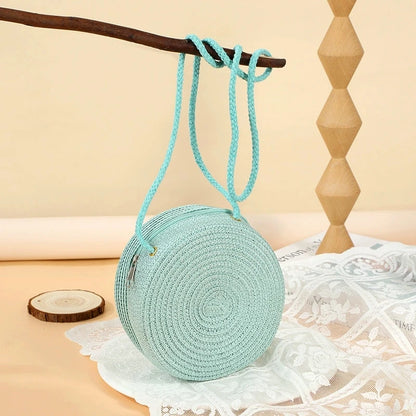 Round Woven Straw Crossbody Bag for Women