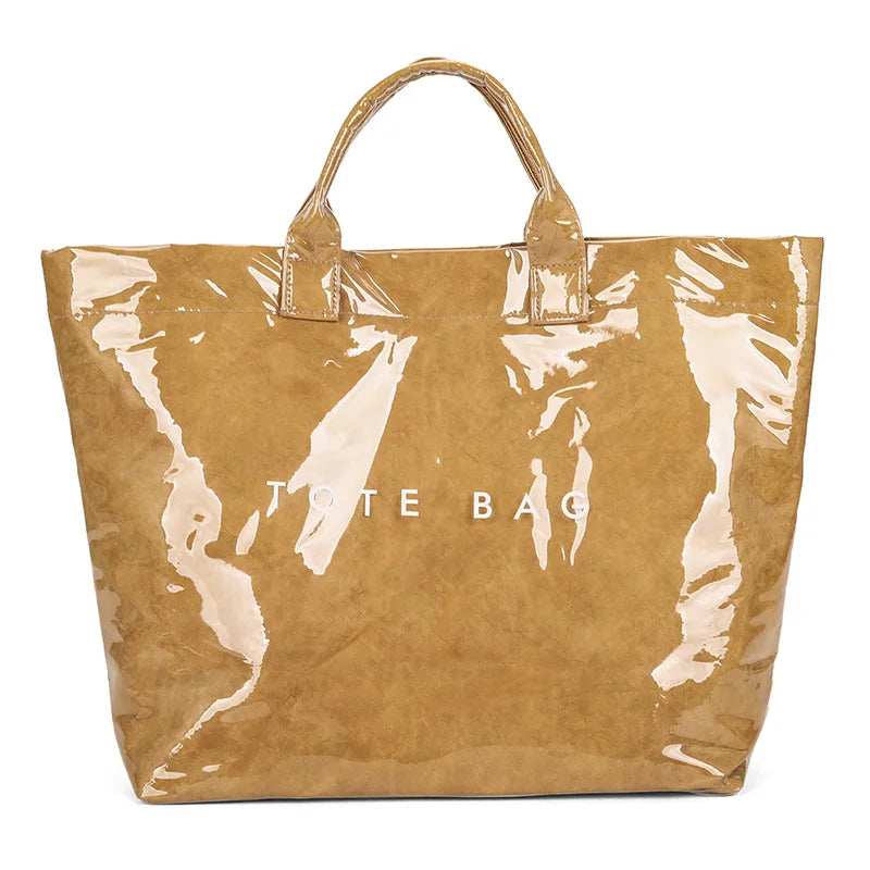 Waterproof Glossy Tote Bag with Letter Print & Double Handles