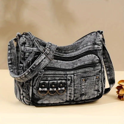 Denim Shoulder Bag for Women – Vintage Washed Multi-Pocket Crossbody
