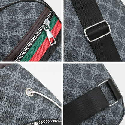 Sporty Functional Chest Bag Men Women Geometric Print Multi-Pocket Pu Headphone Port Shoulder