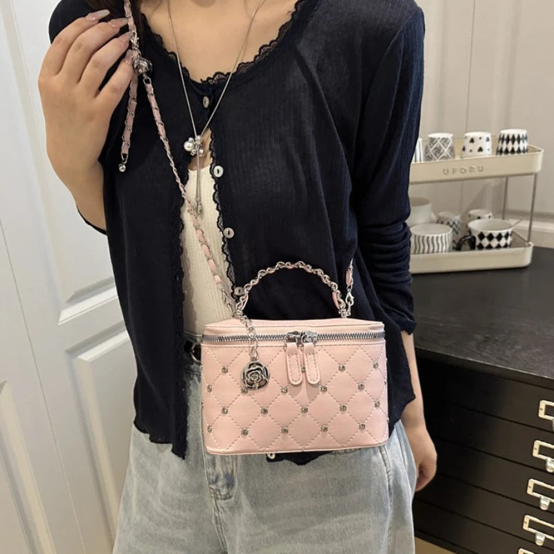 Quilted Mini Box Handbag Metal Chain Top Handle Crossbody Purse Camellia Charm
