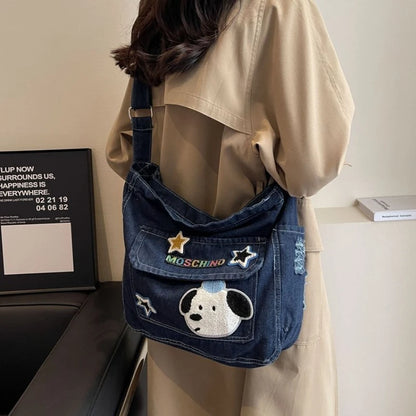 Cartoon Embroidered Denim Tote Bag – Crossbody Shoulder Bag