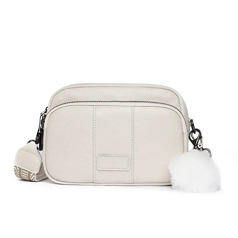Genuine Leather Women's Crossbody Bag with Fur Charm