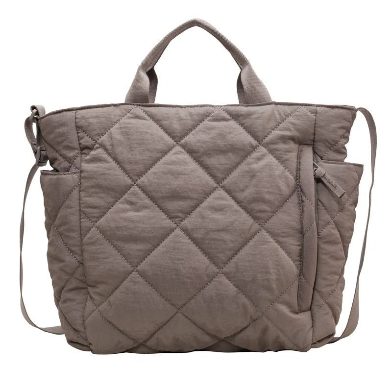 Quilted Nylon Tote Bag – Detachable Strap Multi-Pocket Shoulder Bag