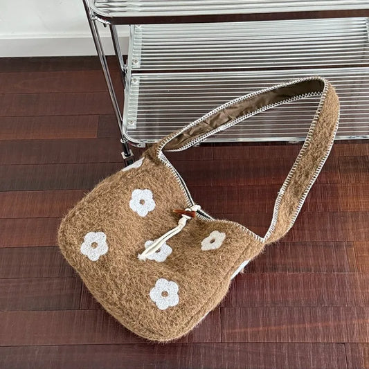 Autumn Winter Casual Tote Woolen Fabric Flowers Zipper Sweet Shoulder Bags High-Capacity Thickened