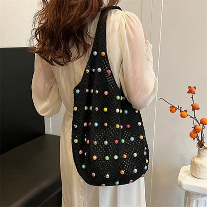 Hollow-Out Woven Tote Bag with Colorful Beads