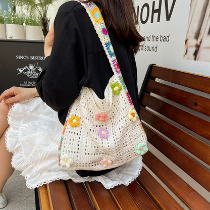 Trendy Bohemian Crochet Bag Cute Floral Shoulder Lightweight Soft Fabric Woman Tote Summer Outdoors