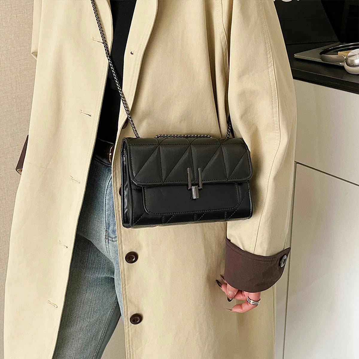 Luxury Fashionable Chain Bag Solid Color Pu Leather Women Crossbody Quilted Shoulder Daily Use