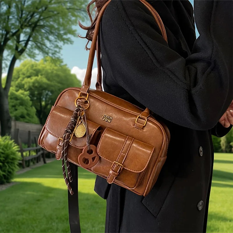 Women's Multi-Pocket Shoulder Tote Bag with Gold Hardware
