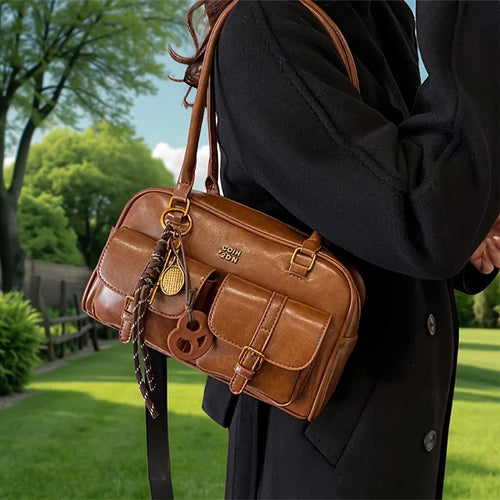 Women's Multi-Pocket Shoulder Tote Bag with Gold Hardware