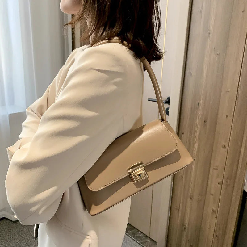 PU Leather Shoulder Bag with Gold-Tone Lock Closure