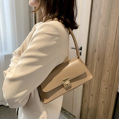 PU Leather Shoulder Bag with Gold-Tone Lock Closure