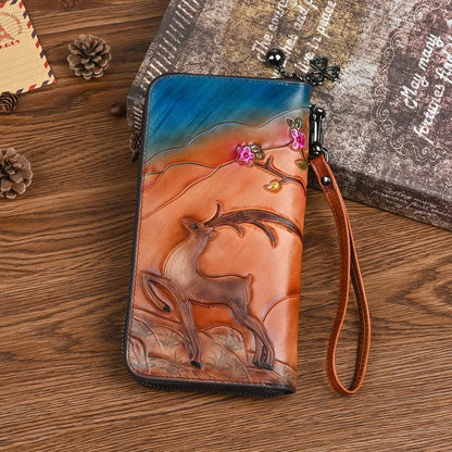 Retro Wallet Deer Head Holding Top Layer Cowhide Long Large-Capacity Mobile Phone Storage Zipper