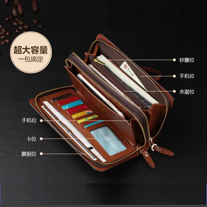 Commuter Male Business Double Zipper Handhold Soft Leather Long Large Capacity Mobile Phone Wallet