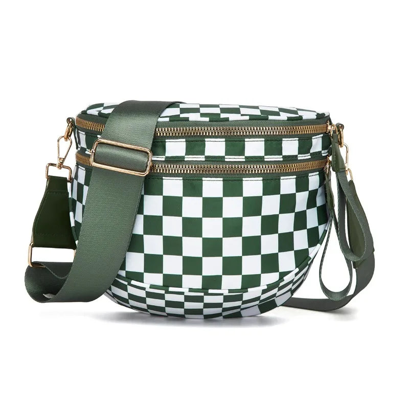 Checkered Saddle Crossbody Bag – Dual Zipper Shoulder & Waist Pack for Women