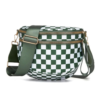 Checkered Saddle Crossbody Bag – Dual Zipper Shoulder & Waist Pack for Women