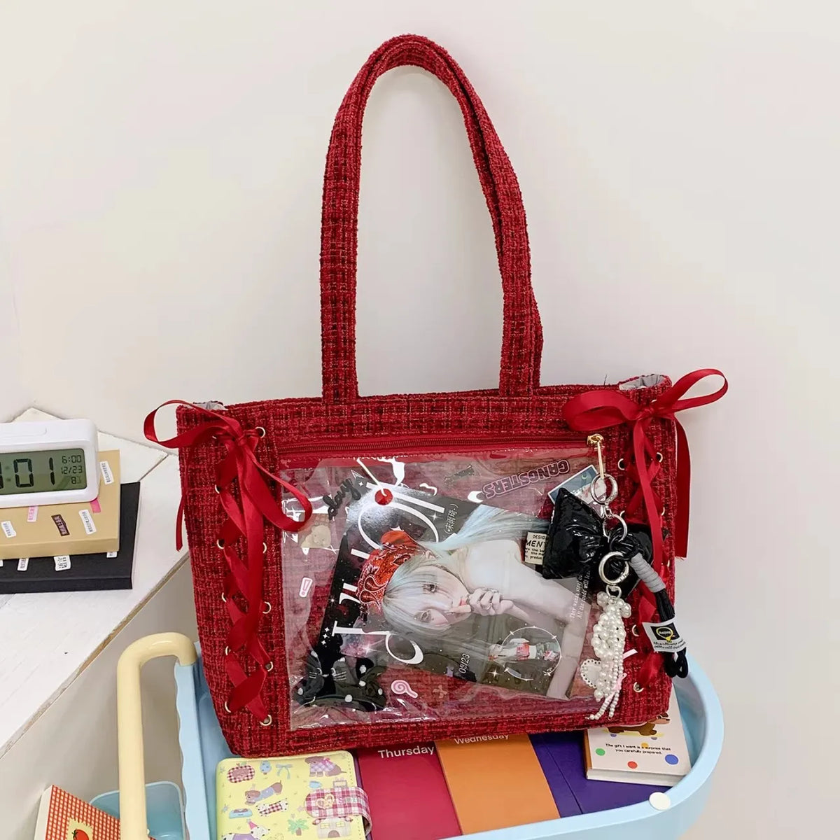 Y2K Ribbon Bow Ita Tote Bag – Large Capacity Transparent Pocket Shoulder Bag