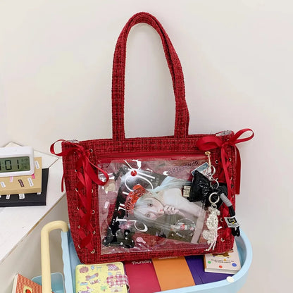 Y2K Ribbon Bow Ita Tote Bag – Large Capacity Transparent Pocket Shoulder Bag