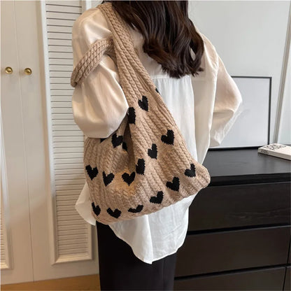 Knitted Heart Tote Bag – Women's Handmade Shoulder Bag