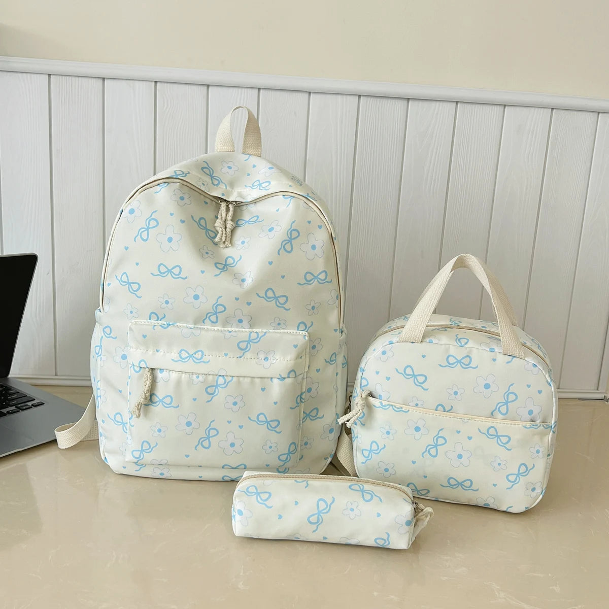 Gentle Cute Butterfly Knot Floral Three Piece Backpack Set Lightweight Large Capacity