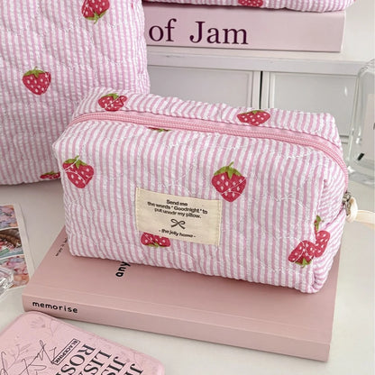 Pink Strawberry Women Cosmetic Quilted Bag Portable Travel Organizer Toiletry Makeup Storage Pouch