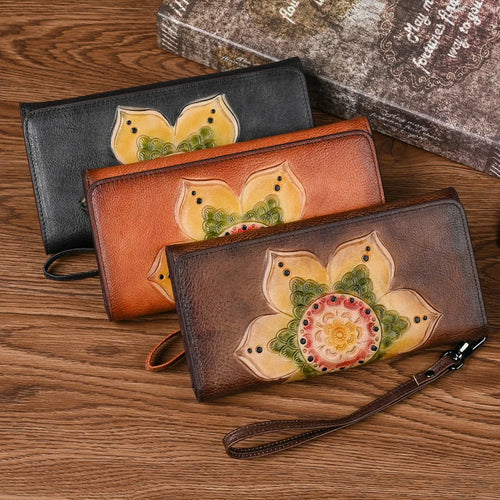 Retro Handcrafted Long Wallet Women Top Layer Cowhide
