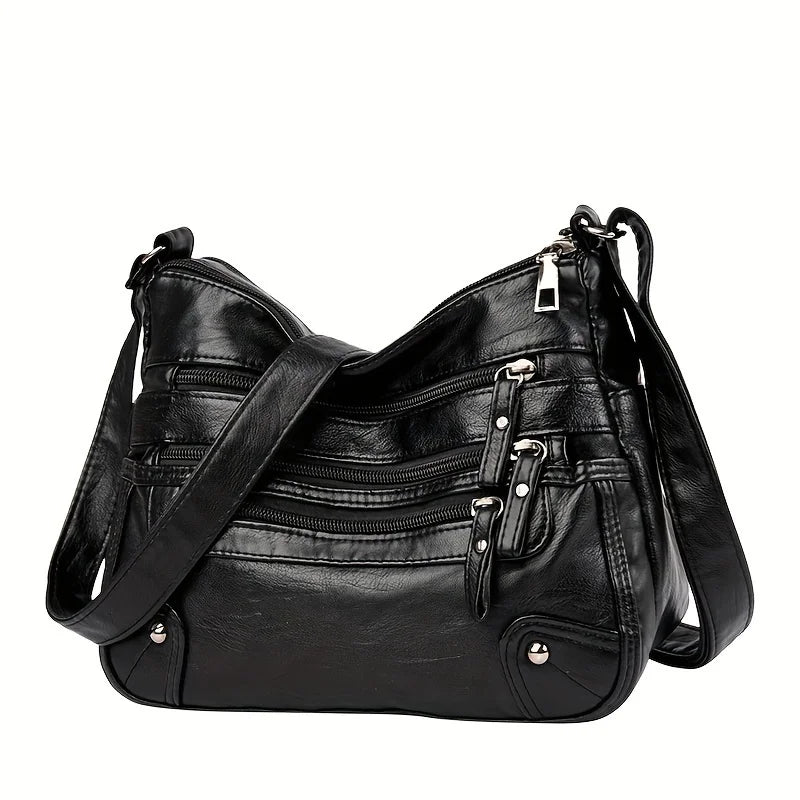 Soft Vegan Leather Crossbody Bag with Multi-Zipper Pockets