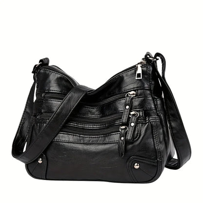 Soft Vegan Leather Crossbody Bag with Multi-Zipper Pockets