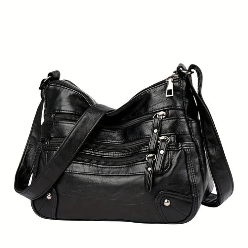 Soft Vegan Leather Crossbody Bag with Multi-Zipper Pockets