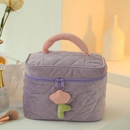 Quilted Makeup Bag with Padded Handle – Large Capacity Cosmetic Organizer