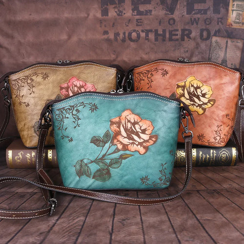 Top-Grain Cowhide Single-Shoulder Crossbody Women S Bag Chinese-Style Rose Women S Single-Shoulder