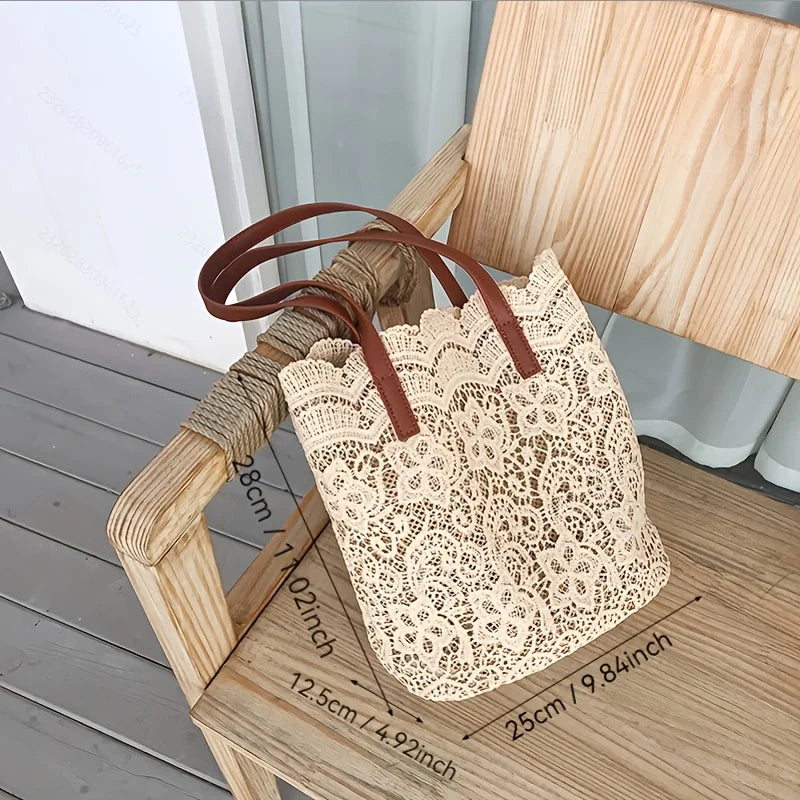 Floral Lace Tote Bag with Leather Handles & Magnetic Closure