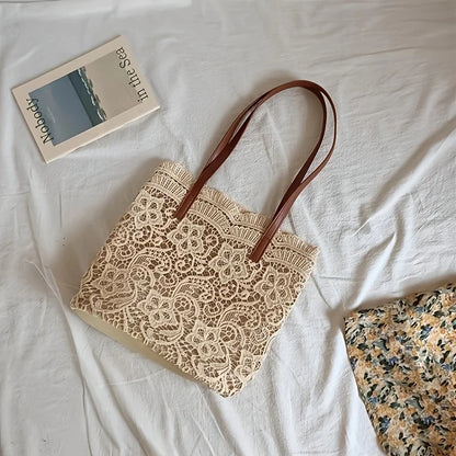 Floral Lace Tote Bag with Leather Handles & Magnetic Closure