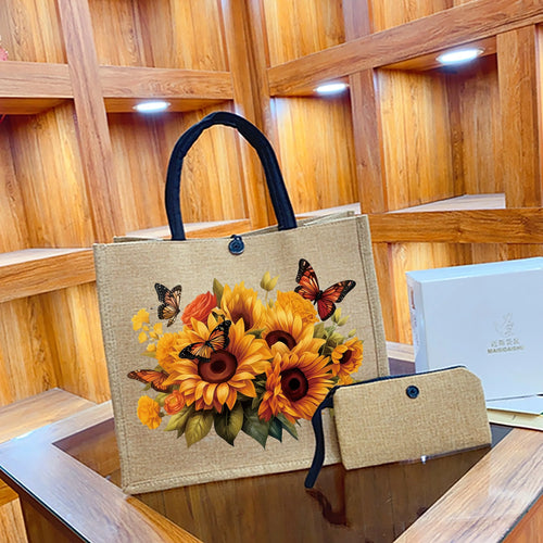 Sunflower Print Handbag & Coin Purse Set – 2-Piece Lightweight Tote
