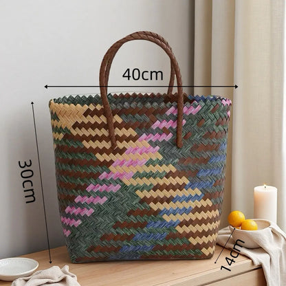 Handwoven Straw Tote Bags Multi Size Natural Woven Basket Bag Handbag Bamboo Handles Women Bohemian