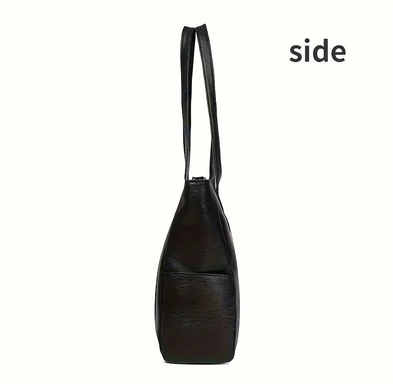 Large PU Leather Tote Bag with Zipper & Double Handles