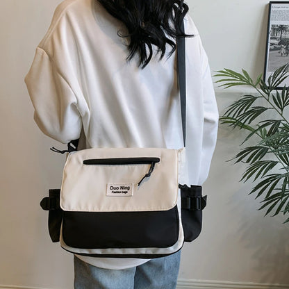 Small Fresh Canvas Color Blocked Postman Bag Large Capacity Campus Student Trendy Work Commuter