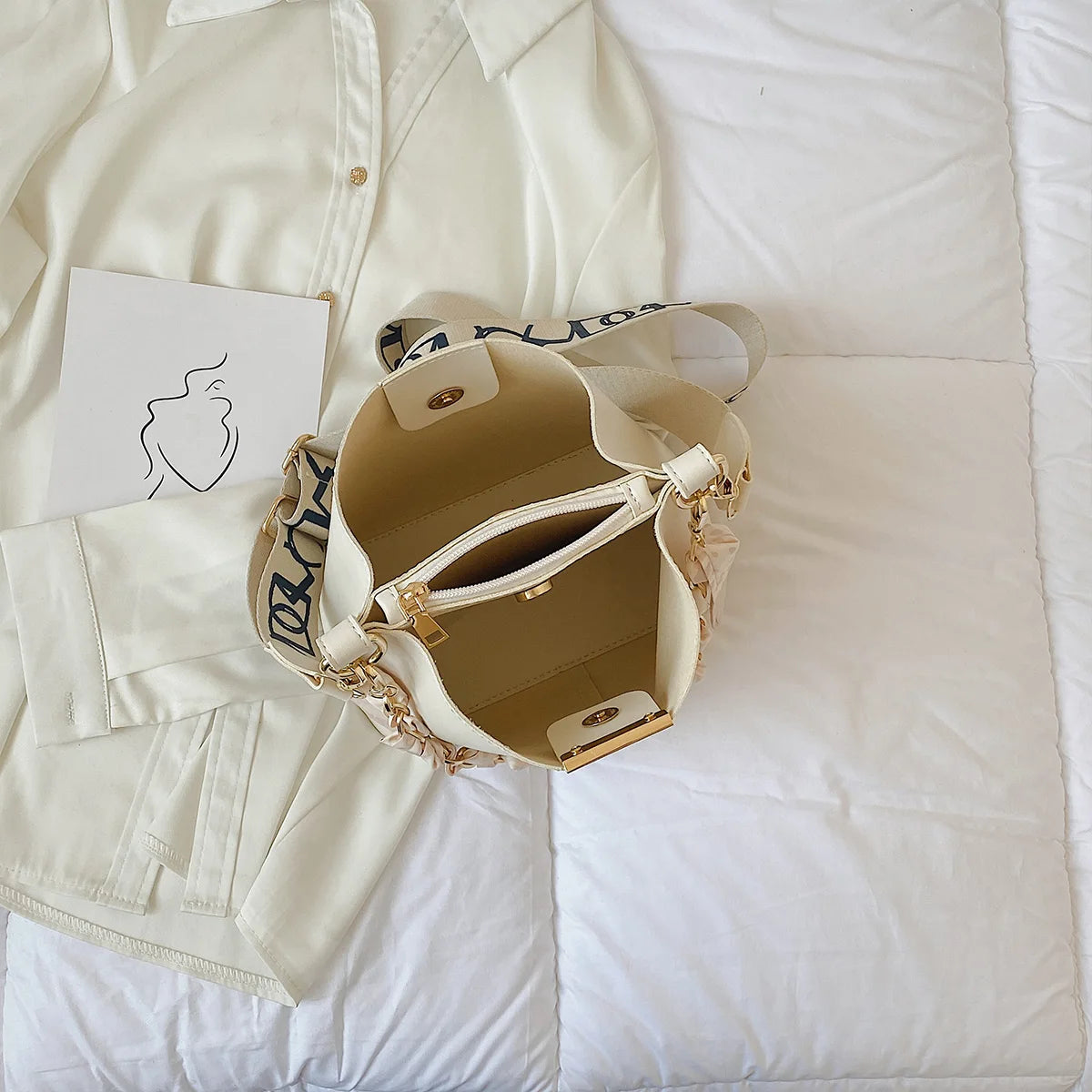 Women Bucket Bag Solid Color Pu Silk Scarf Chain Handbag Large Capacity Adjustable Strap Crossbody
