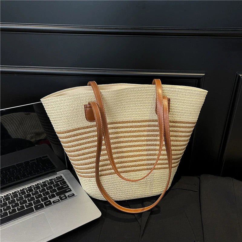 Spring Summer Casual Shoulder Bag Beach Vacation Tote Straw Woven Large Capacity Handbag Play Travel