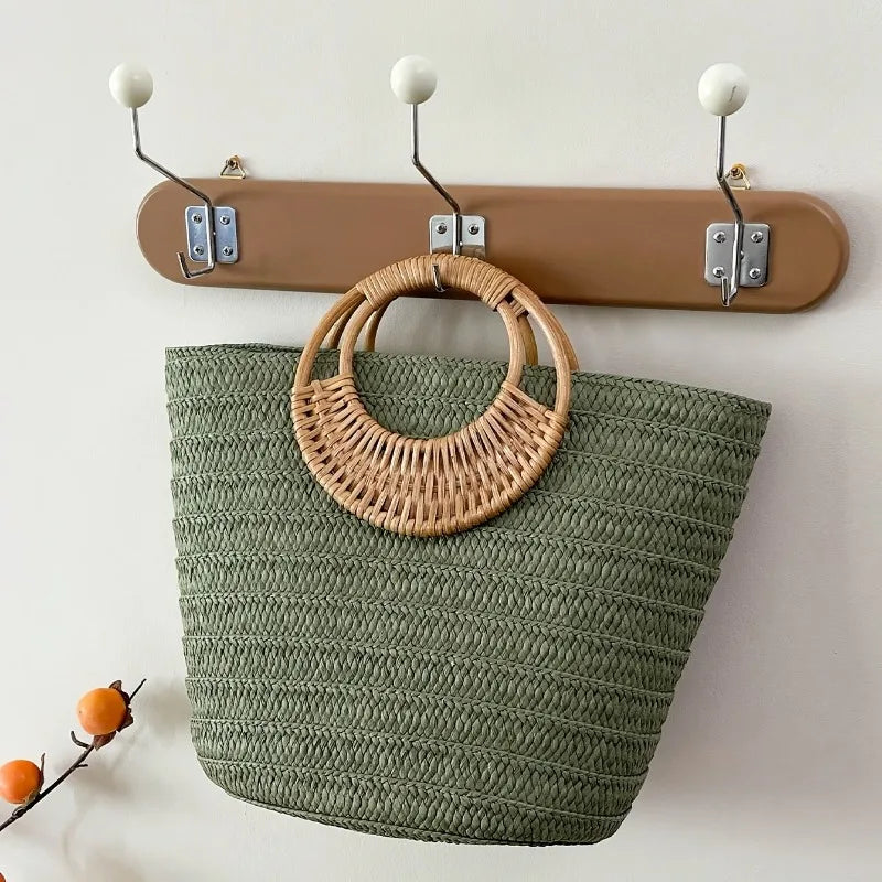 Woven Beach Tote Bag for Women – Round Wooden Handle