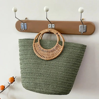 Woven Beach Tote Bag for Women – Round Wooden Handle