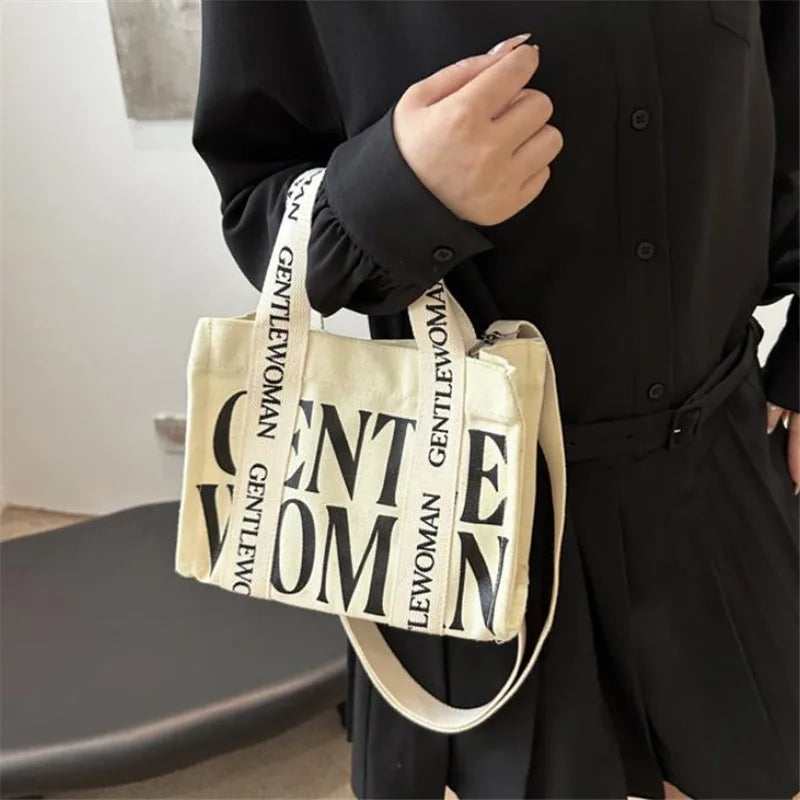 Canvas Crossbody Tote Bag – Bold Letter Print for Women