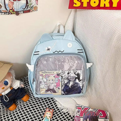 Kawaii Cat Ita Bag Backpack with Pin Display Pocket – Y2K Harajuku Style