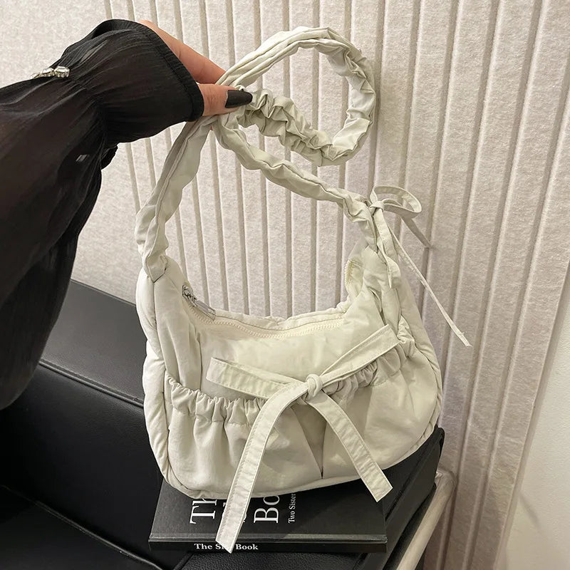Padded Noodle Tote Bag – Bow Drawstring Ruched Shoulder Purse