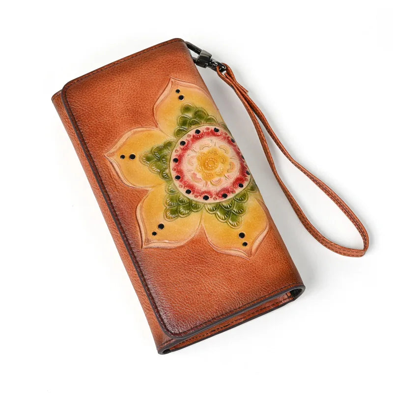 Retro Handcrafted Long Wallet Women Top Layer Cowhide