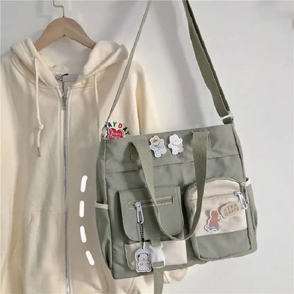 Canvas Crossbody Tote Bag for Women & Teen Girls with Badge Pins