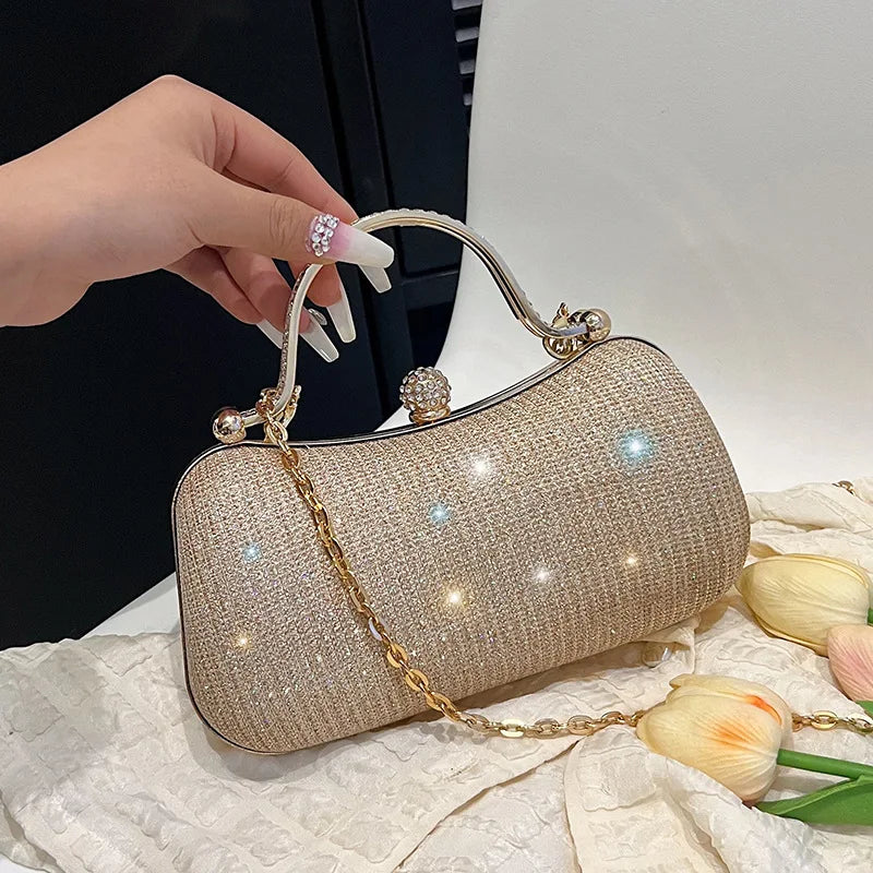 Rhinestone Evening Clutch Crystal Handle Removable Gold Chain Elegant Shoulder Purse Wedding Party