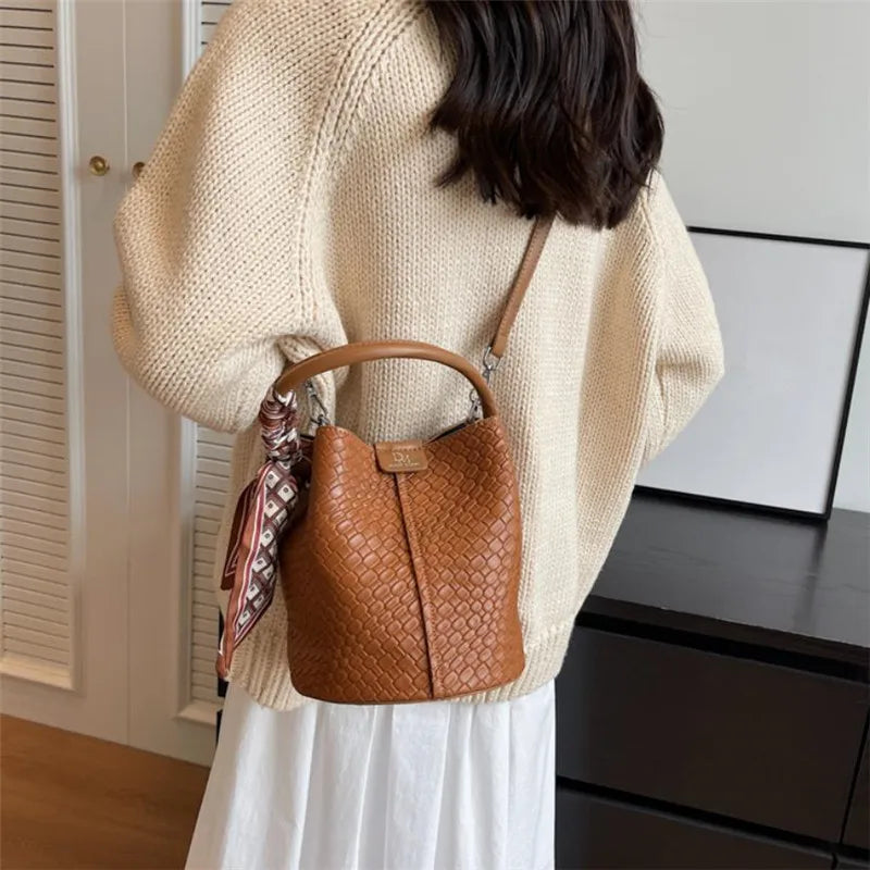 Stylish Women Bucket Tote Bag Solid Color Woven Effect Handbag Shoulder Crossbody Bag