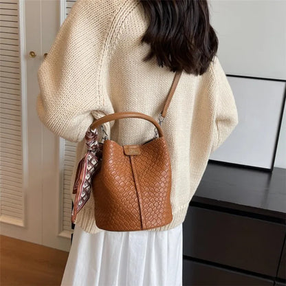 Stylish Women Bucket Tote Bag Solid Color Woven Effect Handbag Shoulder Crossbody Bag